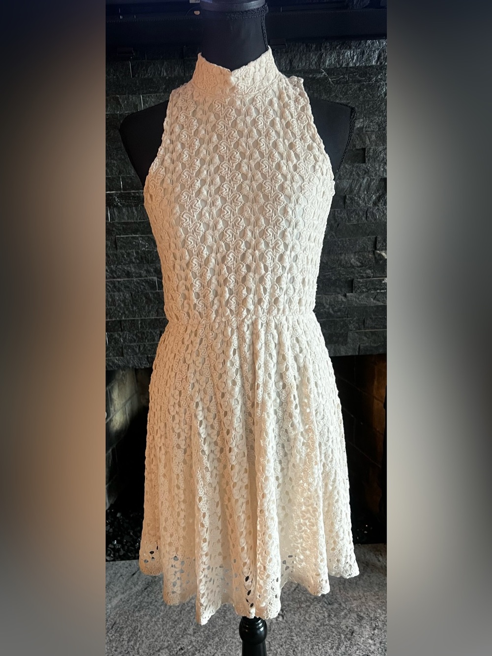 Beige lace halter mini dress